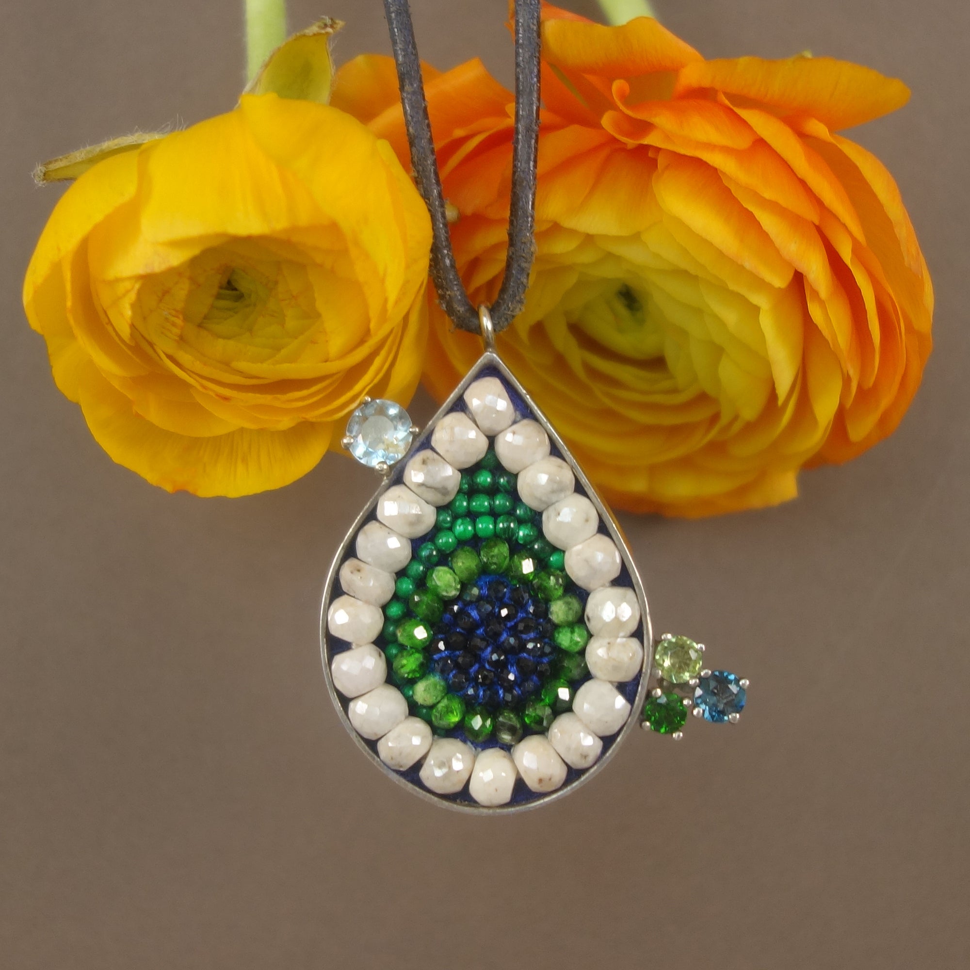 Blue Sapphire, Chrome Diopside, and Emerald Teardrop Necklace