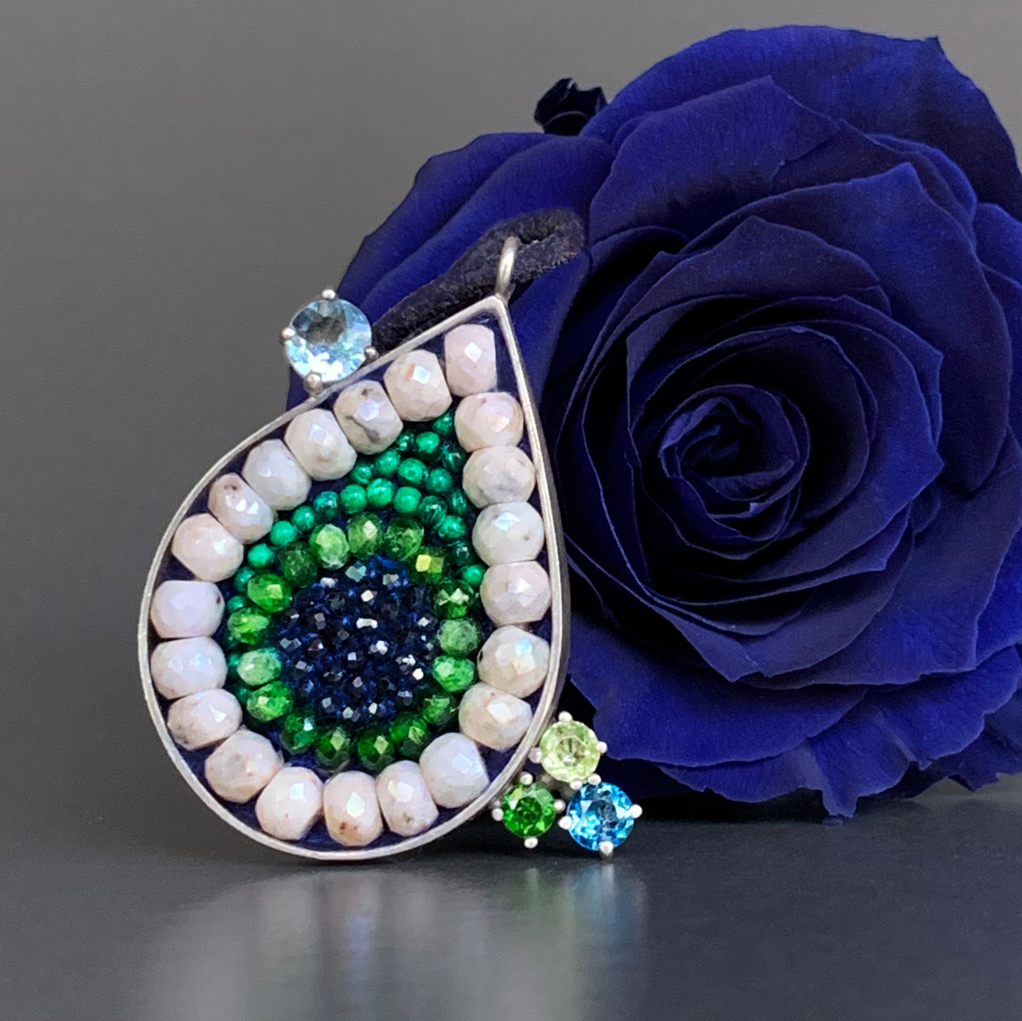 Blue Sapphire, Chrome Diopside, and Emerald Teardrop Necklace