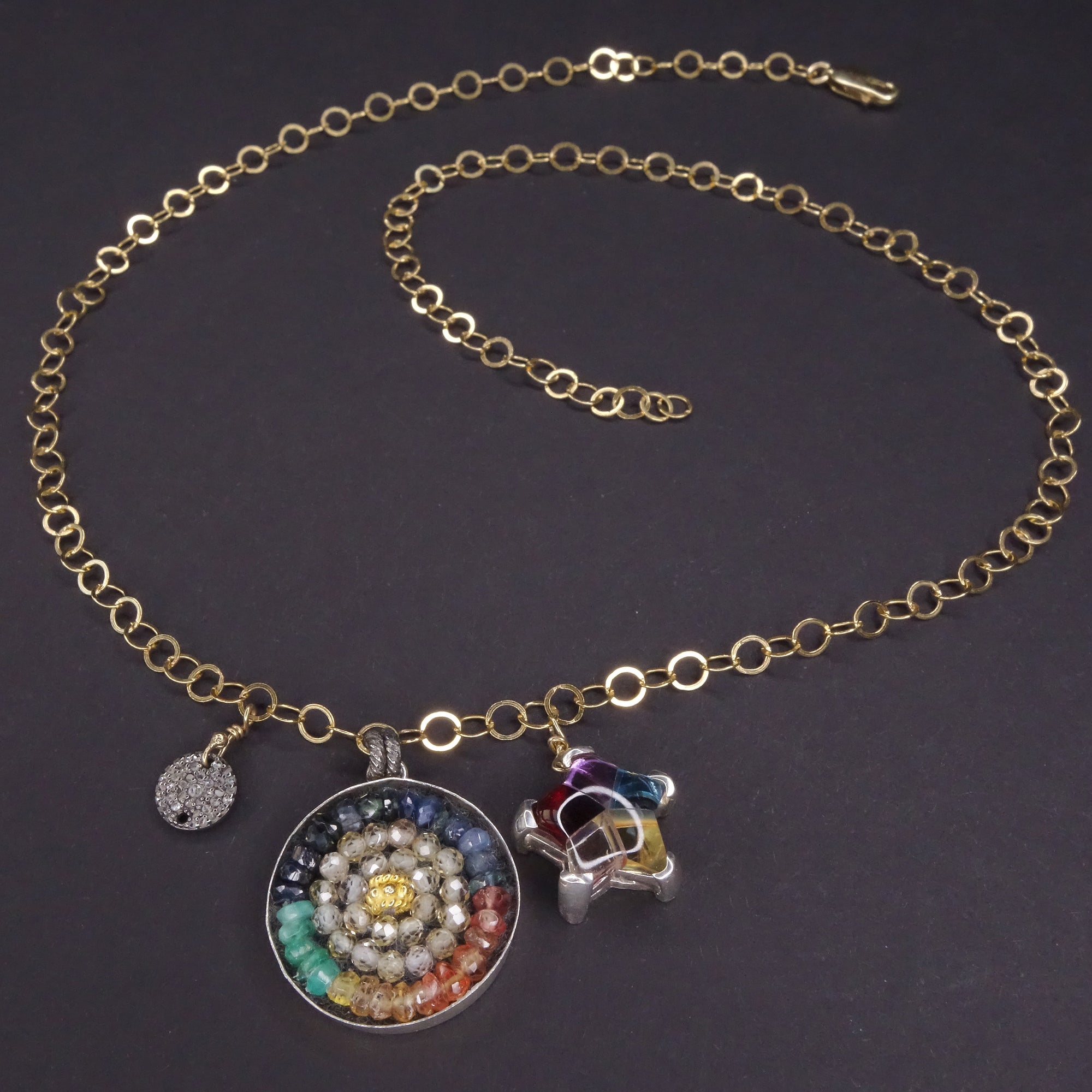 She's a Tapestry of Stars, Color, and Courage: diamond + sapphire mosaic charm necklace