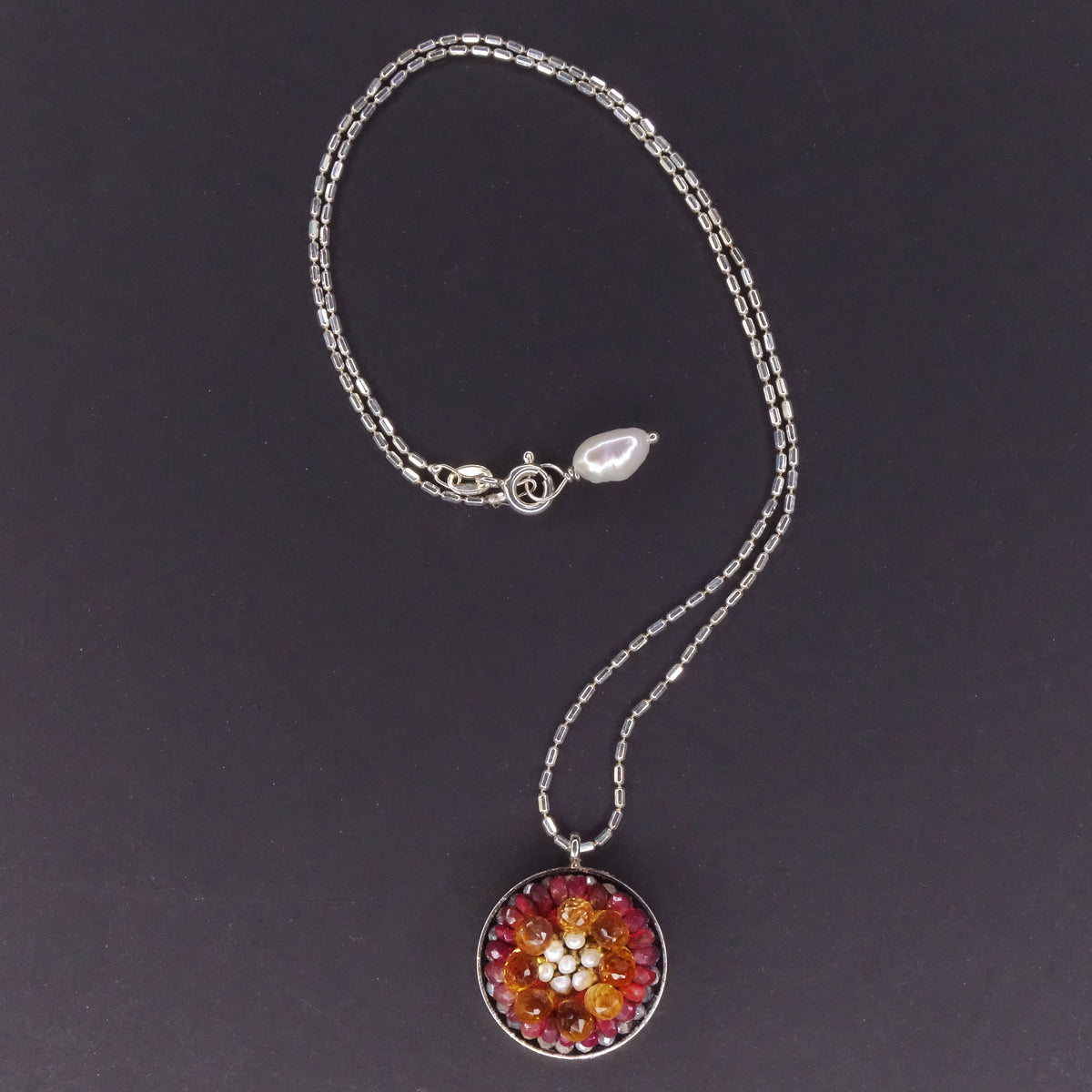 Ruby, Citrine drops, Pearl mosaic necklace