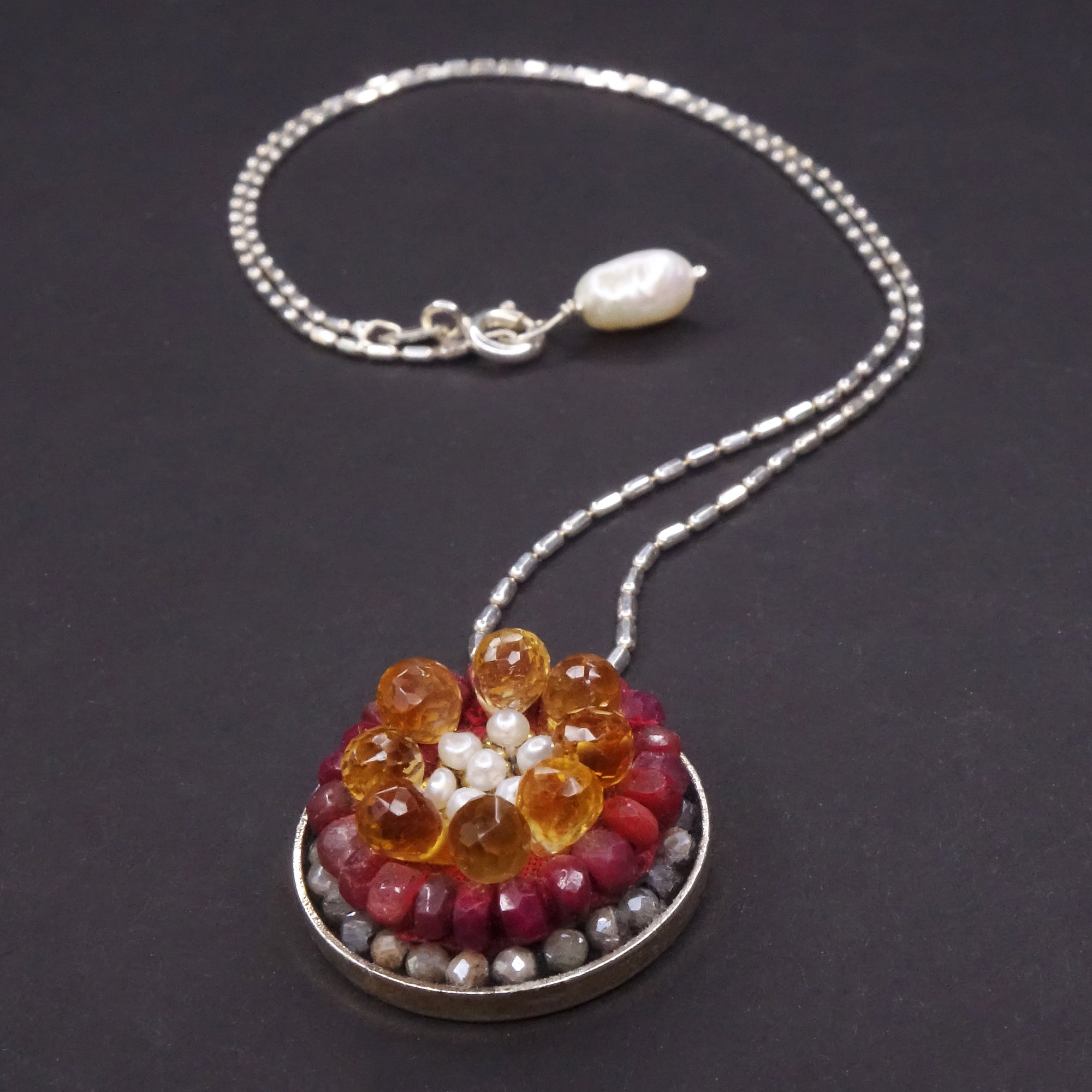 Ruby, Citrine drops, Pearl mosaic necklace