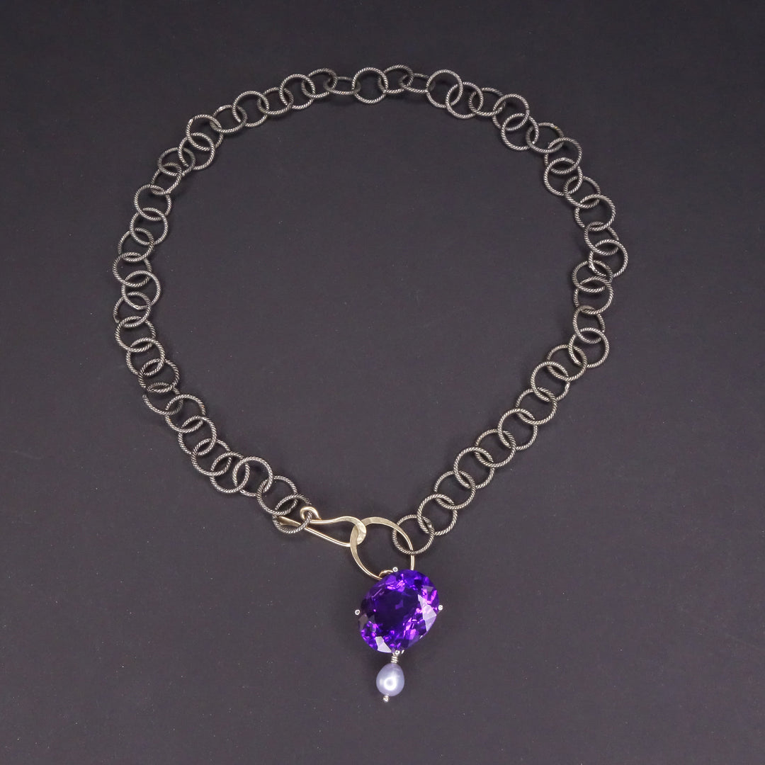 Aristocrat of the Blues: amethyst + pearl + hammered gold necklace