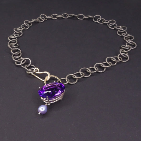 Aristocrat of the Blues: amethyst + pearl + hammered gold necklace