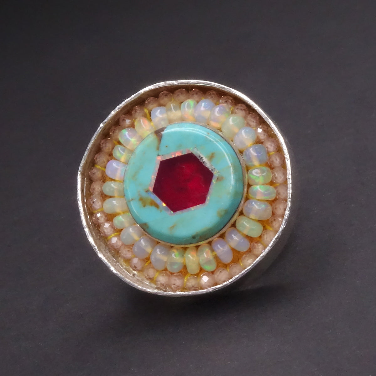 She Boogied at Mister Kelly's: opal, ruby, turquoise mosaic ring
