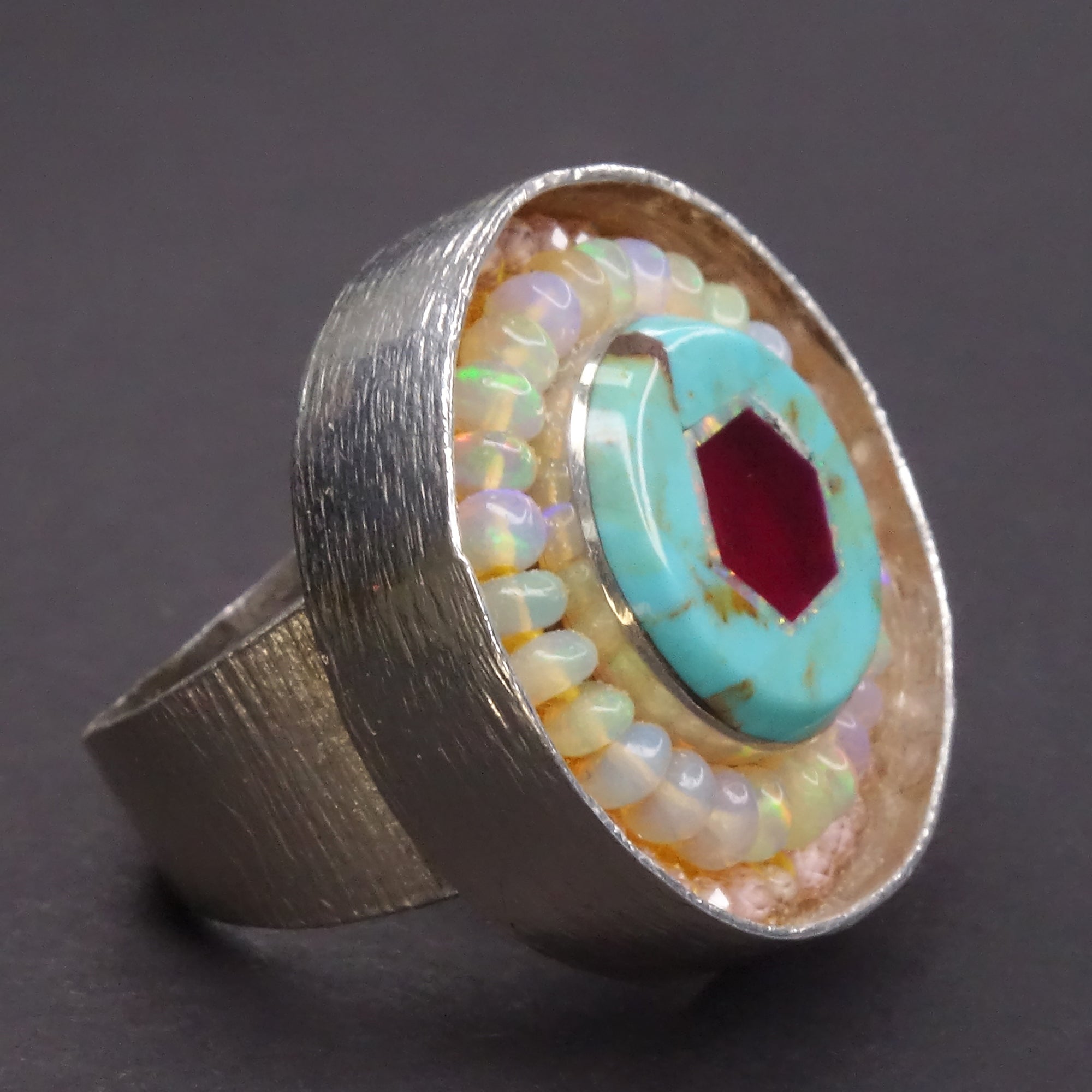 She Boogied at Mister Kelly's: opal, ruby, turquoise mosaic ring