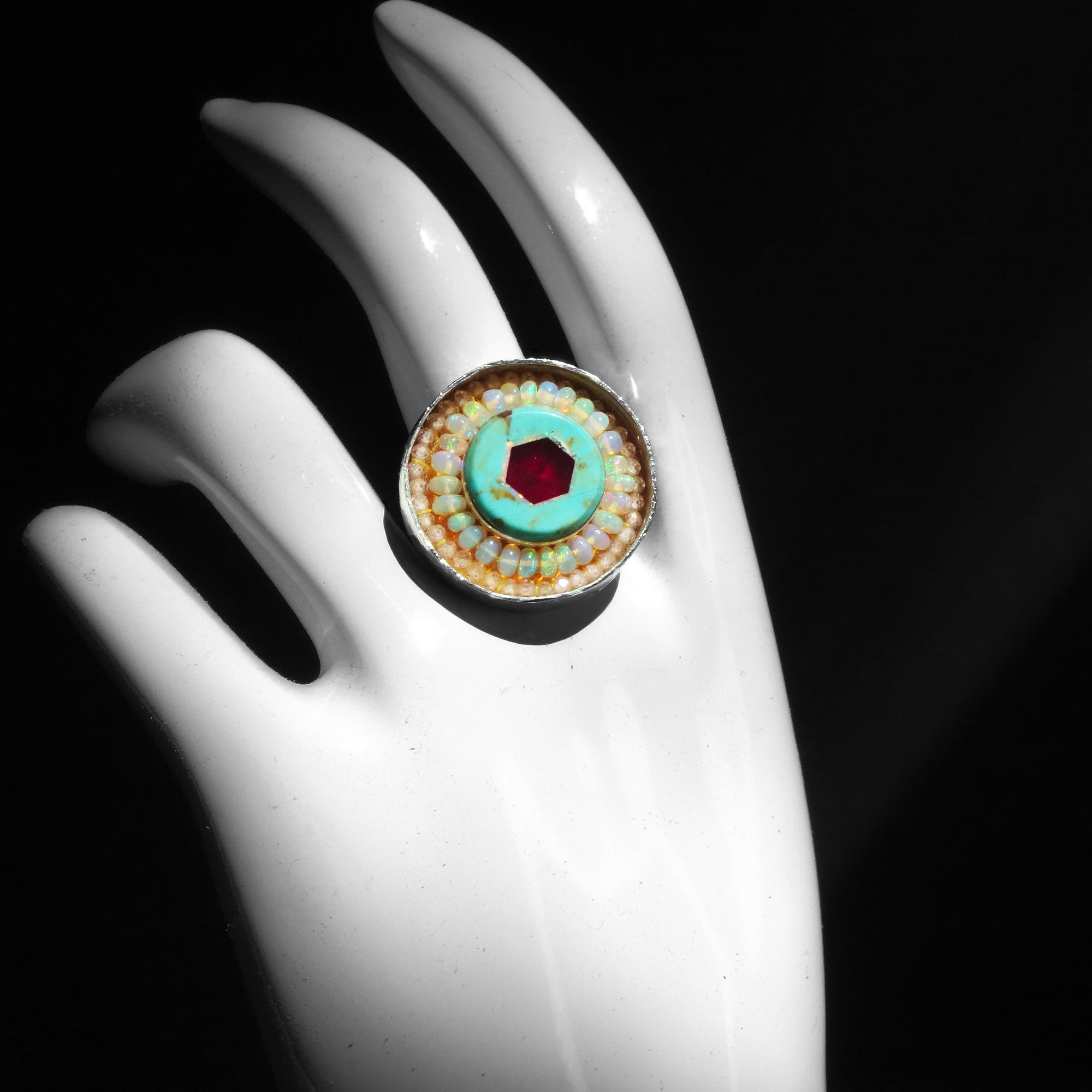 She Boogied at Mister Kelly's: opal, ruby, turquoise mosaic ring