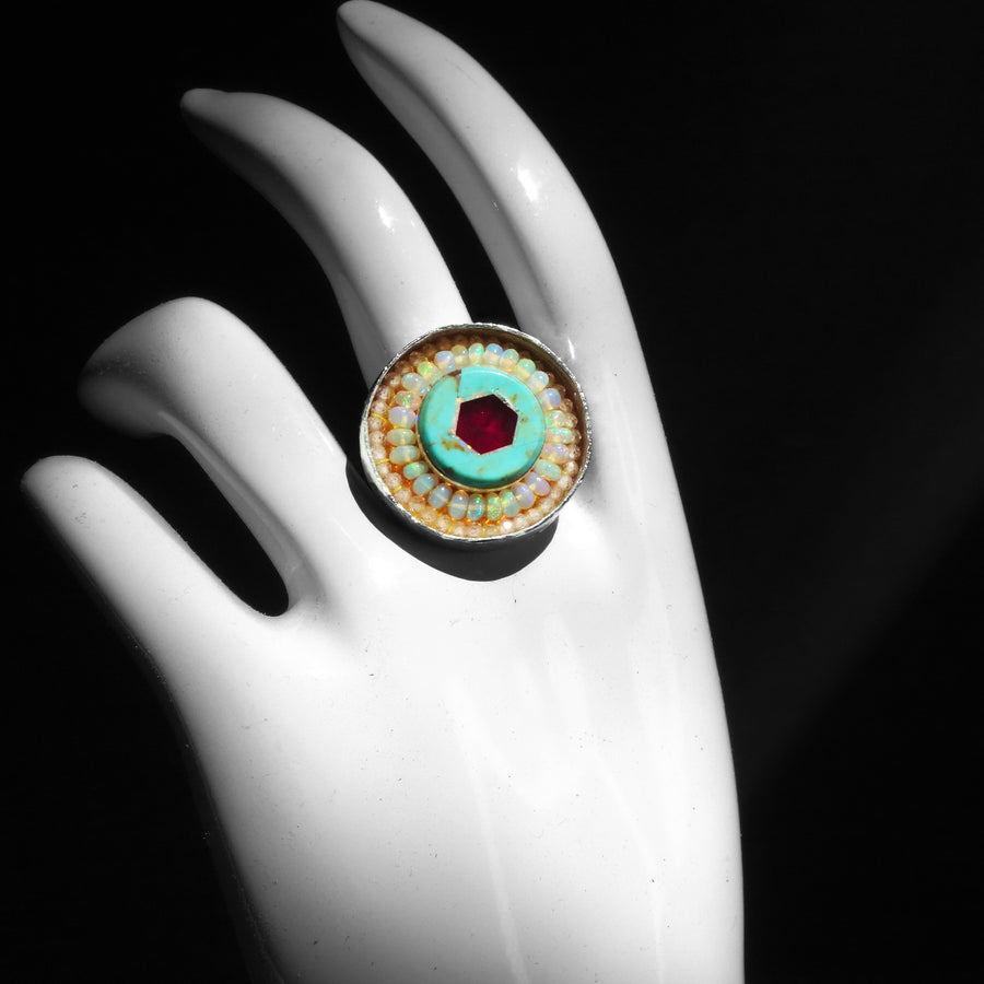 She Boogied at Mister Kelly's: opal, ruby, turquoise mosaic ring