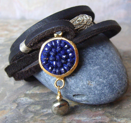 Blue sapphire and leather wrap bracelet